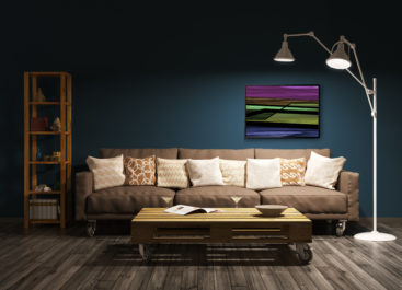 Modern evening interior of living room with sofa, floor lamp against of brown wall 3d render